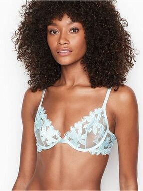 Victoria’s Secret ZIGGY sheer embroidered Baby Blue Bra 32B unlined demi floral